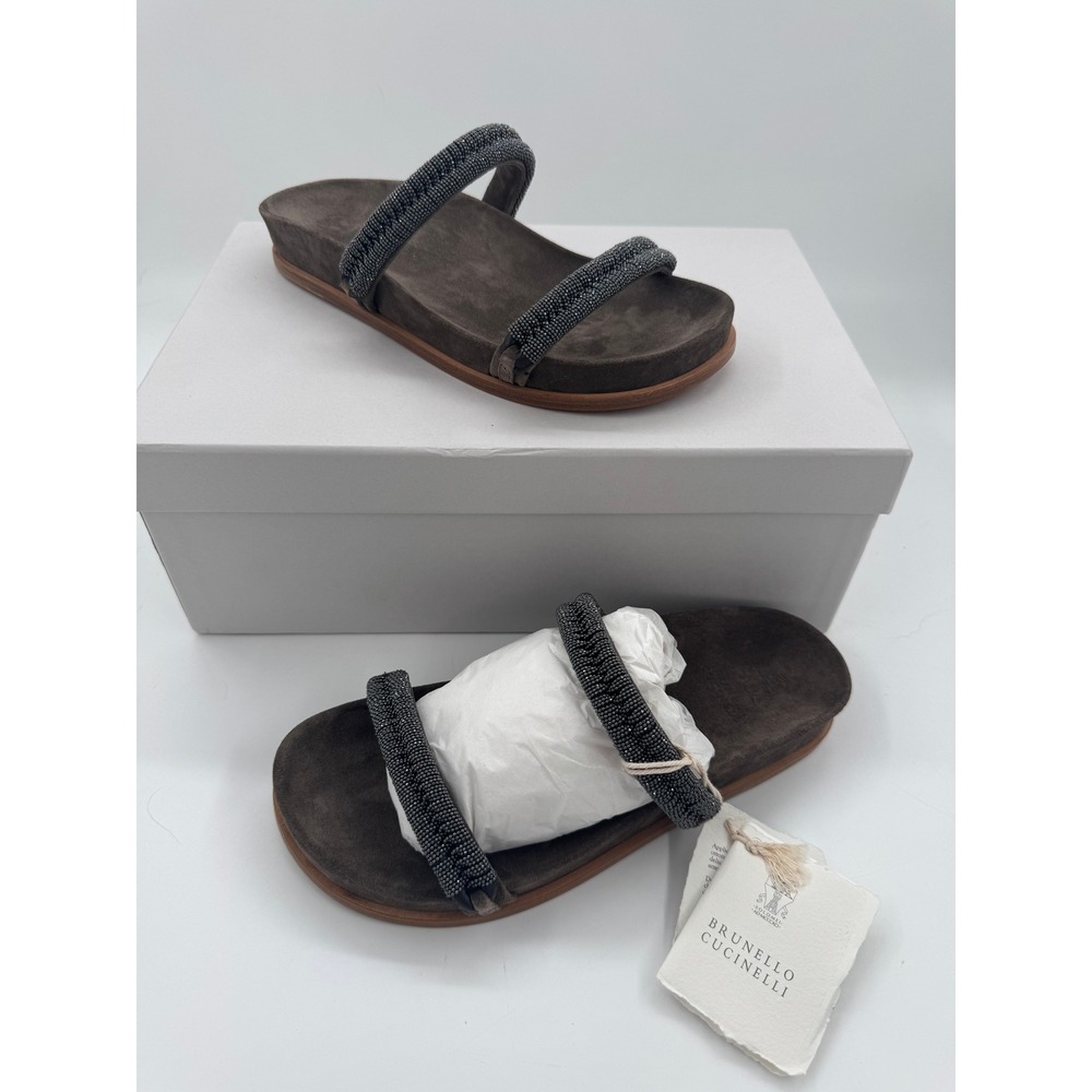 NEW Brunello Cucinelli Suede Monili Bead Slide Sandals Brown Grey EU 35 US 5 NIB